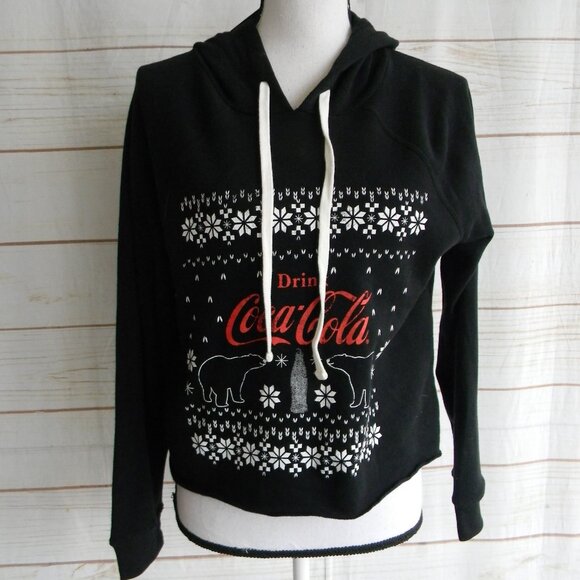 NWT GRAYSON THREADS BLACK COCA COLA FAIR ISLE HOODED HOODIE SWEATSHIRT SZ S CROP - Picture 1 of 4